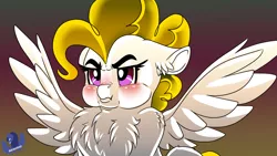 Size: 3840x2160 | Tagged: safe, artist:brainiac, derpibooru import, surprise, pegasus, pony, angry, blushing, chest fluff, cute, ear fluff, female, floppy ears, image, madorable, mare, png, pouting, puffy cheeks, solo, spread wings, wings