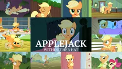 Size: 1978x1113 | Tagged: safe, derpibooru import, edit, edited screencap, editor:quoterific, screencap, apple bloom, applejack, rainbow dash, twilight sparkle, earth pony, pegasus, pony, unicorn, a bird in the hoof, apple family reunion, applebuck season, bloom and gloom, family appreciation day, friendship is magic, look before you sleep, made in manehattan, sisterhooves social, the cart before the ponies, the cutie pox, the last roundup, where the apple lies, apple, applejack's hat, bow, bucket, cowboy hat, derp, female, filly, food, hat, hatless, image, messy mane, missing accessory, png, shocked, teenage applejack, teenager, unicorn twilight, walking