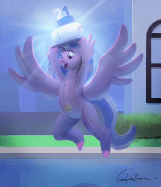 Size: 871x1008 | Tagged: safe, artist:darkanine121212, derpibooru import, silverstream, classical hippogriff, hippogriff, 21, cake, food, image, inflatable toy, png, solo, story included, swimming pool, transformation