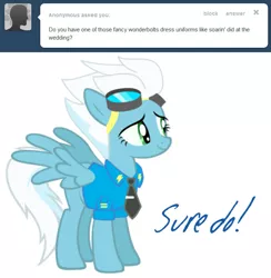 Size: 707x723 | Tagged: safe, artist:ask-fleetfoot, derpibooru import, fleetfoot, pony, ask-fleetfoot, clothes, goggles, image, jpeg, solo, uniform, wonderbolts dress uniform