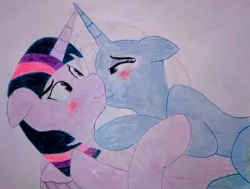 Size: 1273x962 | Tagged: safe, artist:raindasher14, derpibooru import, trixie, twilight sparkle, twilight sparkle (alicorn), alicorn, pony, unicorn, blushing, female, image, jpeg, kiss on the cheek, kissing, lesbian, photo, shipping, traditional art, twixie