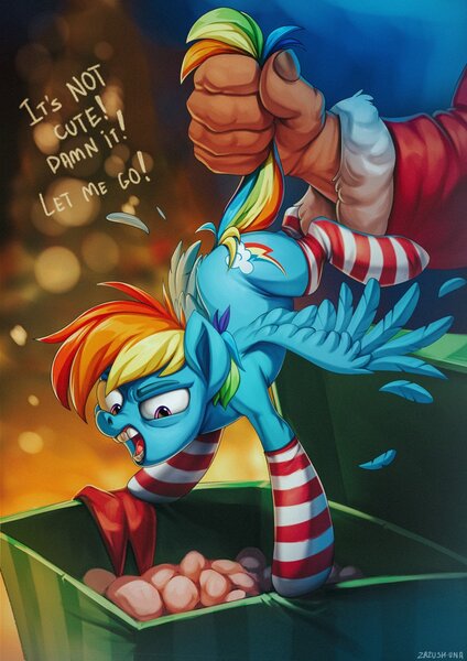 Size: 905x1280 | Tagged: safe, artist:zazush-una, derpibooru import, rainbow dash, human, pegasus, pony, abuse, backwards cutie mark, box, christmas, clothes, costume, dashabuse, feather, hand, holiday, image, jpeg, packing peanuts, present, santa claus, santa costume, socks, striped socks, tail, tail pull, upside down, wings