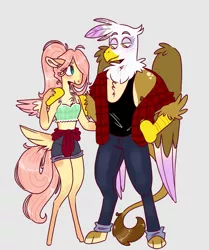 Size: 1715x2048 | Tagged: safe, artist:doodlebetch, derpibooru import, fluttershy, gilda, anthro, digitigrade anthro, pony, unguligrade anthro, arm around back, clothes, female, gildashy, gray background, hair over one eye, hand on hip, hand on shoulder, image, jeans, lesbian, mare, midriff, pants, plaid shirt, png, ponytail, shipping, shirt, shorts, simple background, size difference, tail feathers