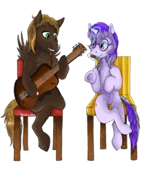Size: 1126x1365 | Tagged: safe, artist:panininha, derpibooru import, oc, oc:glass sight, oc:mellow rhythm, pegasus, pony, unicorn, beard, chair, chest fluff, cute, duo, facial hair, female, glasses, guitar, guitar pick, harmonica, image, looking at each other, magic, magic aura, male, mare, music, musical instrument, oc x oc, png, shipping, simple background, sitting up, smiling, stallion, transparent background, underhoof