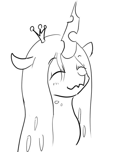 Size: 1199x1599 | Tagged: safe, artist:nullpotower, derpibooru import, queen chrysalis, changeling, changeling queen, black and white, bust, cute, cutealis, eyes closed, female, grayscale, happy, image, jpeg, monochrome, portrait, smiling, solo