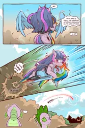 Size: 960x1440 | Tagged: safe, artist:cold-blooded-twilight, derpibooru import, rainbow dash, spike, twilight sparkle, dragon, pegasus, unicorn, cold blooded twilight, comic:cold storm, blushing, clothes, cloud, cloudy, comic, dialogue, electricity, eyes closed, flying, hug, image, leggings, looking up, magic, png, smiling, speech bubble, speed lines, sweat, take off, unicorn twilight