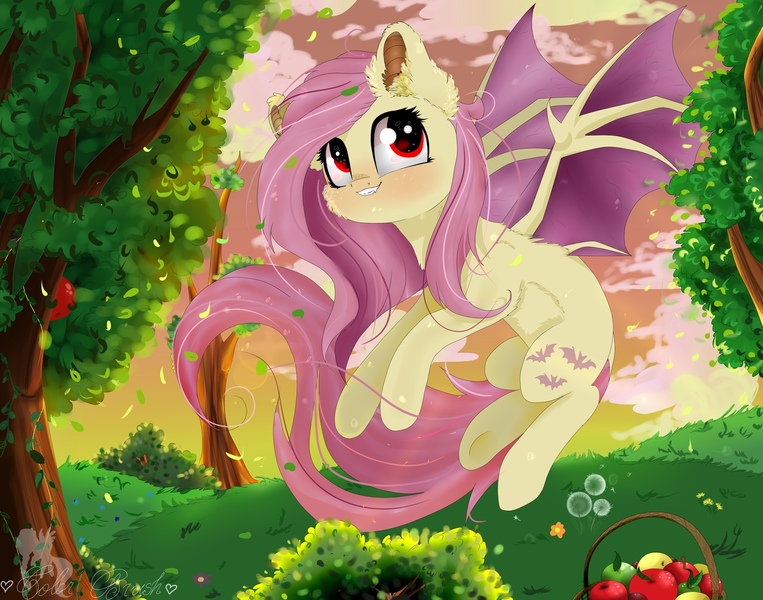 Size: 1280x1007 | Tagged: safe, artist:colorbrush, artist:colorochka, derpibooru import, fluttershy, bat pony, pony, apple, apple basket, apple tree, basket, bat ponified, bat wings, bush, cheek fluff, chest fluff, dandelion, ear fluff, fangs, female, flower, flutterbat, flying, food, grass, image, jpeg, leaves, looking away, looking up, mare, outdoors, race swap, red eyes, sky, smiling, solo, spread wings, tree, wings