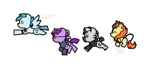 Size: 500x217 | Tagged: safe, artist:captainhoers, derpibooru import, oc, oc:aurora (hoers), oc:concorde, oc:rosetta (stardust), oc:zambuko, unofficial characters only, kirin, pegasus, pony, unicorn, zebra, chibi, flying, image, kirin oc, offspring, parent:soarin', parent:spitfire, parents:soarinfire, png, pronking, running, simple background, transparent background, zebra oc