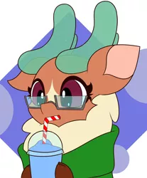 Size: 2576x3118 | Tagged: safe, artist:mrneo, derpibooru import, cashmere (tfh), deer, reindeer, them's fightin' herds, clothes, community related, cute, drink, drinking straw, glasses, image, jpeg, scarf, slurpee, solo