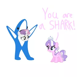 Size: 768x768 | Tagged: safe, derpibooru import, diamond tiara, sweetie belle, earth pony, pony, shark, unicorn, angry, clothes, costume, female, filly, frown, image, katy perry, left shark, narrowed eyes, png, sad, shark belle, shark costume, simple background, white background, yelling