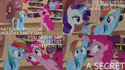 Size: 2000x1125 | Tagged: safe, derpibooru import, edit, edited screencap, editor:quoterific, screencap, pinkie pie, rainbow dash, rarity, earth pony, pegasus, pony, unicorn, daring don't, balloon, bipedal, confetti, cup, glowing horn, golden oaks library, horn, image, library, magic, magic aura, national random holiday party day, nose in the air, open mouth, png, surprised, teacup