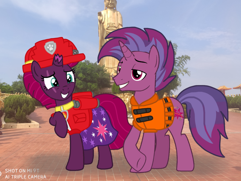 Size: 1440x1080 | Tagged: safe, artist:徐詩珮, derpibooru import, fizzlepop berrytwist, tempest shadow, oc, oc:transparent (tempest's father), series:sprglitemplight diary, series:sprglitemplight life jacket days, series:springshadowdrops diary, series:springshadowdrops life jacket days, alternate universe, clothes, father and child, father and daughter, female, image, lifejacket, male, marshall (paw patrol), paw patrol, png