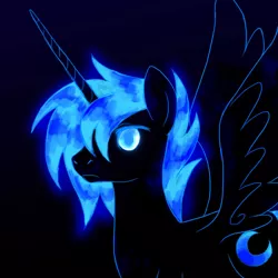 Size: 1000x1000 | Tagged: safe, artist:aritimas, derpibooru import, princess luna, alicorn, pony, glowing eyes, glowing mane, image, jpeg, male, prince artemis, rule 63, solo, stallion