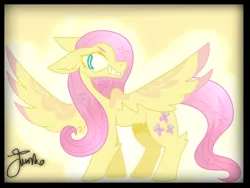 Size: 800x600 | Tagged: safe, artist:junko, derpibooru import, fluttershy, pegasus, pony, big eyes, evil grin, evil smirk, female, grin, image, large wings, mare, png, signature, simple background, smiling, smirk, solo, spread wings, wings, yellow background