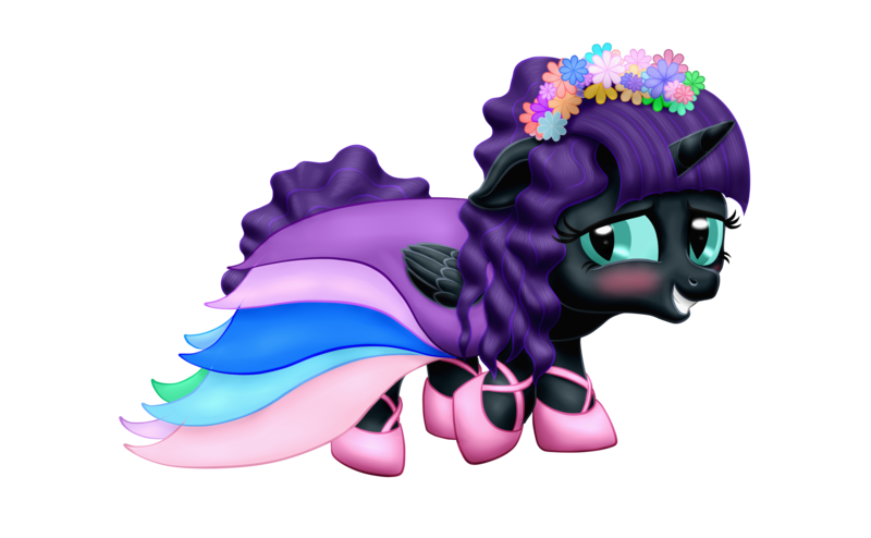 Size: 2575x1591 | Tagged: safe, artist:vasillium, derpibooru import, oc, oc:nyx, unofficial characters only, alicorn, pony, alicorn oc, blushing, clothes, cute, dress, eyebrows, eyelashes, female, filly, flower, flower in hair, gala dress, horn, image, jacket, lidded eyes, nostrils, nyxabetes, png, princess, royalty, shoes, simple background, smiling, solo, teeth, transparent background, wings