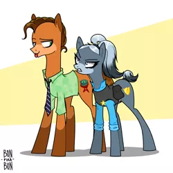 Size: 4000x4000 | Tagged: safe, artist:bonpikabon, derpibooru import, ponified, earth pony, pony, :p, alternate hairstyle, angry, annoyed, armor, belt, clothes, crossover, disney, duo, female, gritted teeth, image, judy hopps, male, mare, markings, necktie, nick wilde, png, police, pouch, shirt, stallion, tongue out, zootopia