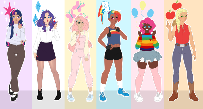 Size: 9280x5000 | Tagged: safe, artist:ohhoneybee, derpibooru import, applejack, fluttershy, pinkie pie, rainbow dash, rarity, twilight sparkle, human, abs, alternate hairstyle, applejack's hat, belly button, blushing, boots, breasts, clothes, converse, cowboy boots, cowboy hat, dark skin, diversity, ear piercing, earring, elf ears, eyeshadow, female, fingerless gloves, freckles, glasses, gloves, grin, hat, heart, high heel boots, humanized, image, jeans, jewelry, lipstick, makeup, mane six, midriff, nail polish, necklace, open mouth, overalls, pants, peace sign, piercing, png, scar, shoes, shorts, skirt, smiling, sneakers, socks, sports shorts, stockings, sweater, tanktop, thigh highs, wall of tags