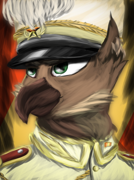 Size: 724x974 | Tagged: safe, artist:tekggd, derpibooru import, oc, oc:alexander kemerskai, unofficial characters only, gryphon, equestria at war mod, beak, bust, clothes, flag, griffon oc, hat, image, png, portrait, solo, uniform