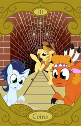 Size: 900x1400 | Tagged: safe, artist:sixes&sevens, derpibooru import, braeburn, little strongheart, soarin', buffalo, earth pony, pegasus, hammer, image, png, railroad, tarot card, three of coins, three of diamonds, tunnel, wheel