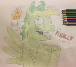 Size: 1280x1131 | Tagged: safe, artist:didgereethebrony, derpibooru import, oc, oc:didgeree, pegasus, pony, fire, image, insanity, jpeg, messy mane, pencil drawing, rip 2020, solo, traditional art, trash can