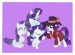 Size: 2726x2022 | Tagged: safe, artist:squipycheetah, derpibooru import, part of a set, rarity, pony, unicorn, rarity investigates, the last problem, bow, clapping, clothes, commonity, cute, detective rarity, element of generosity, eyes closed, female, filly, filly rarity, happy, happy birthday mlp:fim, hat, image, looking down, mare, mlp fim's tenth anniversary, multeity, older, older rarity, png, purple background, raised hoof, self ponidox, simple background, sitting, smiling, time paradox, trenchcoat, younger