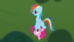 Size: 1920x1090 | Tagged: safe, derpibooru import, screencap, pinkie pie, rainbow dash, pegasus, pony, griffon the brush off, duo, female, image, mare, oblivious, png, pony hat, sitting, sitting on, sitting on pony