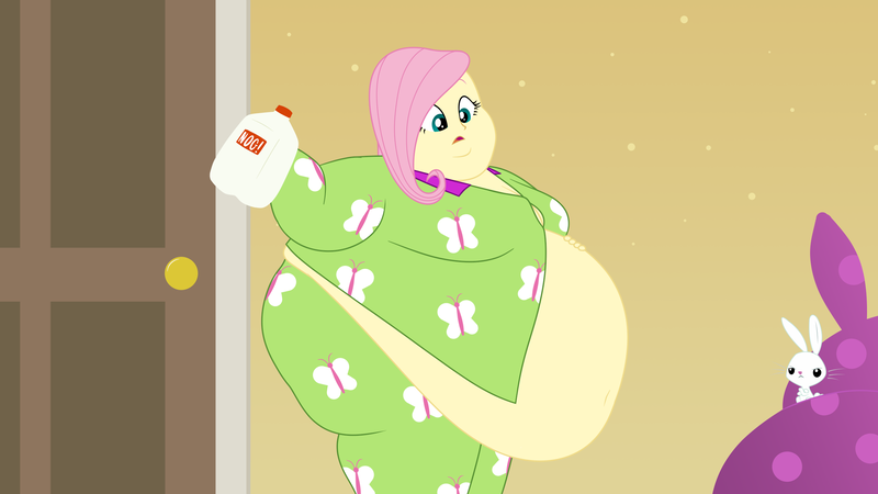 Size: 2560x1440 | Tagged: suggestive, artist:neongothic, derpibooru import, angel bunny, fluttershy, rabbit, equestria girls, animal, bbw, belly, big belly, big breasts, breasts, busty fluttershy, clothes, double chin, eggnog, fat, fat ass, fat boobs, fat fetish, fattershy, fetish, huge belly, image, morbidly obese, obese, pajamas, png, ssbbw, weight gain