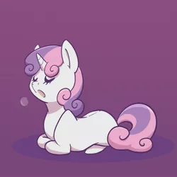 Size: 2048x2048 | Tagged: safe, artist:pfeffaroo, derpibooru import, sweetie belle, pony, unicorn, blank flank, cute, diasweetes, eyes closed, female, filly, high res, image, jpeg, lying down, open mouth, ponyloaf, prone, purple background, simple background, solo, three quarter view, visible breath, yawn