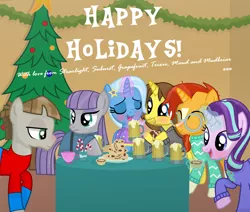 Size: 3182x2696 | Tagged: safe, artist:grapefruitface1, derpibooru import, maud pie, mudbriar, starlight glimmer, sunburst, trixie, oc, oc:grapefruit face, pony, base used, blushing, candy, candy cane, canon x oc, christmas, christmas tree, clothes, cup, drunk, eyes closed, female, food, grapexie, group, happy, hearth's warming eve, holiday, image, implied drinking, magic, magic aura, male, maudbriar, party, pie, plate, png, ponies wearing clothing, shipping, shirt, starburst, straight, table, teacup, tinsel, tree