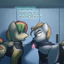 Size: 800x800 | Tagged: safe, artist:captainhoers, derpibooru import, oc, oc:jump cannon, oc:rainbow code, unofficial characters only, cyborg, earth pony, pegasus, pony, the sunjackers, butt, cyberpunk, female, image, male, mare, plot, png, stallion