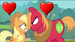 Size: 888x499 | Tagged: safe, derpibooru import, edit, edited screencap, screencap, applejack, big macintosh, pinkie apple pie, applecest, applemac, female, heart, image, imgflip, incest, jpeg, male, shipping, straight