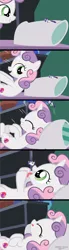 Size: 1100x4000 | Tagged: safe, artist:shelikof launch, derpibooru import, rarity, sweetie belle, pony, unicorn, adult, bed, comic, cute, derpibooru exclusive, diasweetes, endosoma, eyes closed, female, filly, filly pred, filly predator, image, licking, licking lips, lying down, mare, mare prey, micro, non-fatal vore, oral invitation, pillow, png, rariprey, salivating, show accurate, sibling vore, size difference, sleeping, slimy, swallowing, sweetiepred, taste buds, throat bulge, tongue out, vore