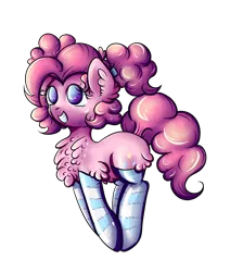 Size: 2475x2912 | Tagged: safe, artist:coco-drillo, derpibooru import, pinkie pie, alternate hairstyle, bouncing, chest fluff, clothes, colourful, cute, diapinkes, ear fluff, excited, freckles, grin, image, jumping, kneesocks, pigtails, png, ponk, simple background, smiling, socks, solo, stockings, striped socks, thigh highs, transparent background, twintails