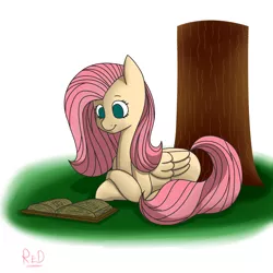 Size: 3000x3000 | Tagged: safe, artist:redprep, derpibooru import, fluttershy, pegasus, pony, book, female, image, png, reading, solo, tree