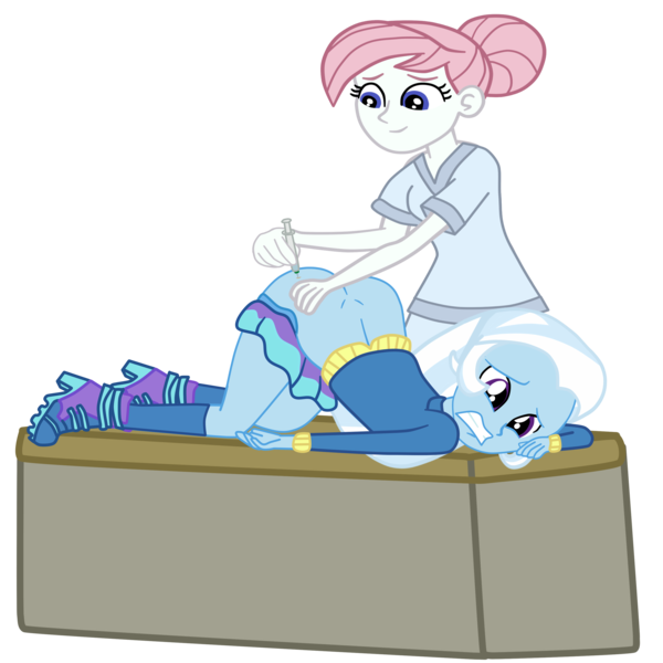 Size: 2952x2952 | Tagged: suggestive, artist:gmaplay, derpibooru import, part of a set, nurse redheart, trixie, equestria girls, ass, ass up, butt, face down ass up, female, gritted teeth, image, injection, literal butthurt, nurse, nurse outfit, pain, png, simple background, the great and powerful ass, transparent background, vaccination