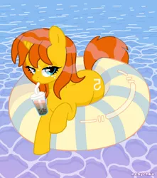 Size: 1280x1451 | Tagged: safe, artist:lynnthenerdkitty, artist:nebychko, derpibooru import, ponified, pony, unicorn, april o'neil, backwards cutie mark, base used, bedroom eyes, bubble tea, female, floaty, freckles, horn, image, inner tube, jpeg, looking at you, mare, swimming pool, teenage mutant ninja turtles, water