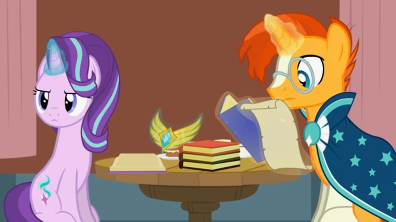 Size: 1280x720 | Tagged: safe, artist:agrol, derpibooru import, starlight glimmer, sunburst, unicorn, amulet of wings, book, choose your wings, image, jpeg, levitation, magic, reading, serious, starlight is not amused, telekinesis, unamused