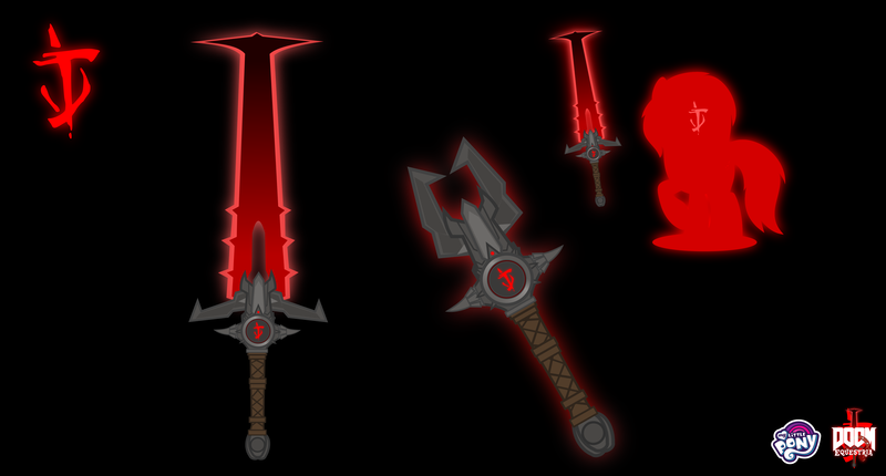 Size: 4577x2460 | Tagged: safe, artist:isaac_pony, derpibooru import, oc, oc:shainer shrapnel shock, unicorn, black background, crucible blade, doom, doom equestria, doom eternal, female, image, logo, png, red, reference, show accurate, silhouette, simple background, sword, vector, weapon