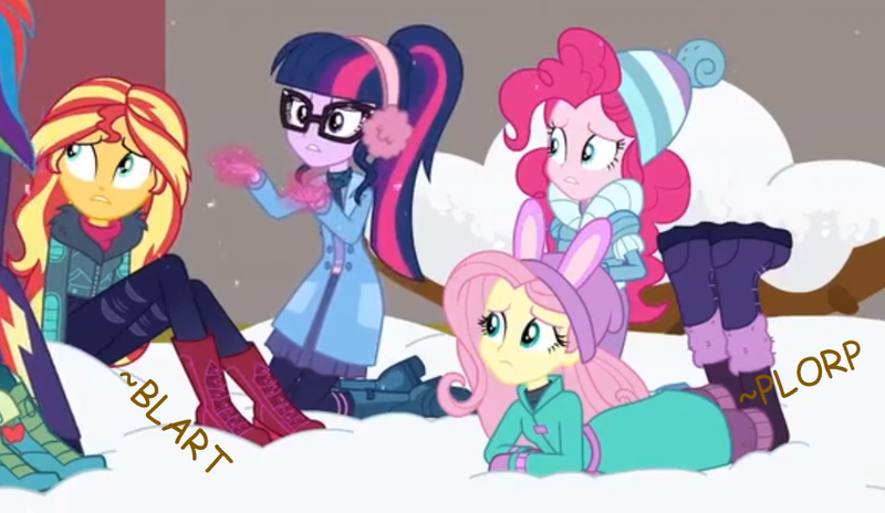 Size: 854x495 | Tagged: suggestive, artist:thedarkpony, derpibooru import, edit, edited screencap, screencap, applejack, fluttershy, pinkie pie, rainbow dash, sci-twi, sunset shimmer, twilight sparkle, equestria girls, equestria girls series, holidays unwrapped, spoiler:eqg series (season 2), accident, blizzard or bust, clothes, cropped, female, fetish, image, implied messing, implied scat, implied sharting, onomatopoeia, panties, pantypoop, png, poop, scat, underwear, winter outfit