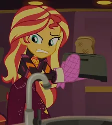 Size: 518x579 | Tagged: safe, derpibooru import, screencap, sunset shimmer, equestria girls, equestria girls series, sunset's backstage pass!, spoiler:eqg series (season 2), bread, cropped, food, image, png, solo, toast, toaster