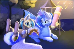 Size: 5250x3500 | Tagged: suggestive, artist:kodikins, derpibooru import, oc, oc:astral flare, oc:sun light, unofficial characters only, bat pony, pegasus, pony, diaper, diaper fetish, duo, fetish, frog (hoof), image, jpeg, meteor shower, night, poofy diaper, telescope, underhoof