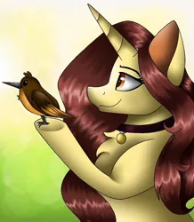 Size: 496x568 | Tagged: safe, artist:rxndxm.artist, derpibooru import, oc, unofficial characters only, bird, pony, unicorn, chest fluff, choker, gradient background, hoof hold, horn, image, jpeg, smiling, unicorn oc