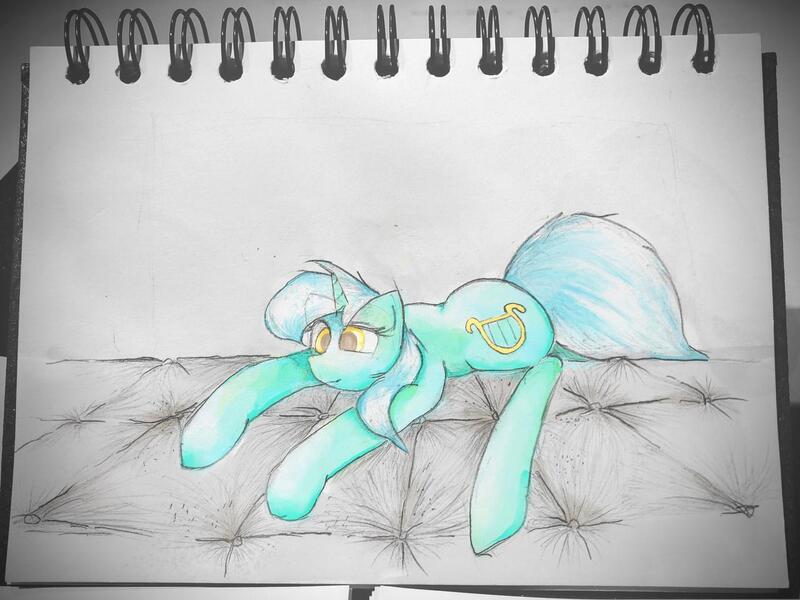 Size: 1280x960 | Tagged: safe, artist:papersurgery, derpibooru import, edit, lyra heartstrings, pony, unicorn, image, jpeg, lying down, photo, photo edit, solo, traditional art