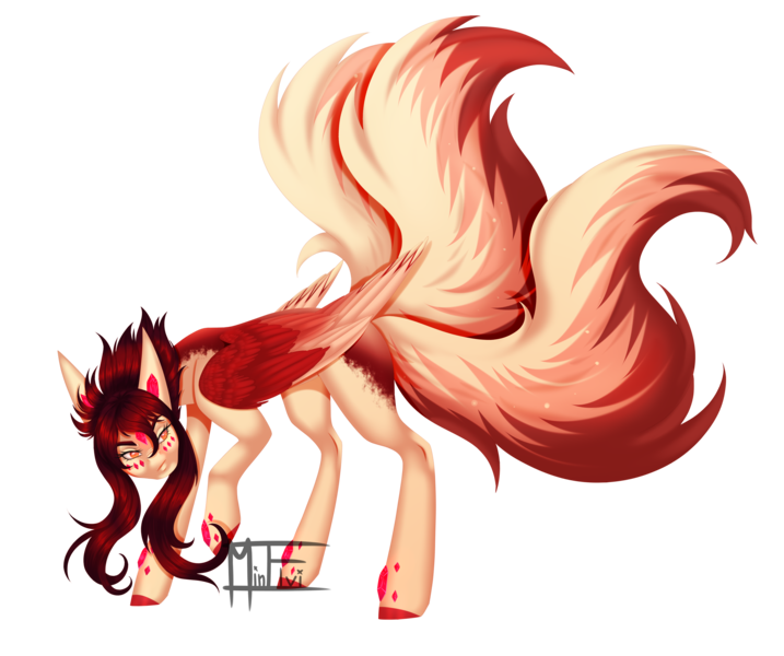 Size: 4416x3696 | Tagged: safe, artist:minelvi, derpibooru import, oc, oc:tourmaline, unofficial characters only, pegasus, pony, image, multiple tails, pegasus oc, png, raised hoof, signature, simple background, solo, transparent background, wings