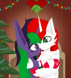 Size: 3000x3263 | Tagged: safe, artist:graphictoxin, derpibooru import, oc, oc:daren, oc:graphic toxin, unofficial characters only, alicorn, pony, unicorn, absurd resolution, big ears, bow, christmas, christmas tree, clothes, fangs, female, fireplace, fluffy, garland, glowing eyes, heart, heart eyes, holiday, horn, hug, image, love, male, mare, mistletoe, new year, oc x oc, open mouth, png, shipping, smiling, socks, stallion, stars, striped socks, tree, wingding eyes, wings, wreath
