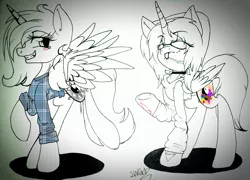 Size: 2048x1472 | Tagged: safe, artist:juliet-gwolf18, derpibooru import, oc, oc:juliet, oc:sketchy, unofficial characters only, alicorn, pony, :p, alicorn oc, blushing, choker, clothes, duo, eyelashes, female, grin, hoodie, horn, image, mare, partial color, png, raised hoof, signature, smiling, tattoo, tongue out, traditional art, underhoof, wings, yin-yang