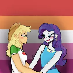 Size: 1080x1080 | Tagged: safe, alternate version, artist:_denart, derpibooru import, applejack, rarity, equestria girls, blushing, clothes, ear piercing, earring, female, hat, holding hands, image, jewelry, jpeg, lesbian, lipstick, necklace, piercing, pride flag, rarijack, shipping, signature, smiling