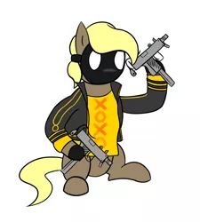 Size: 1722x1911 | Tagged: safe, artist:luxqsd, derpibooru import, oc, oc:perseus, unofficial characters only, earth pony, pony, clothes, derpibooru exclusive, dual wield, gun, image, male, mask, my friend pedro, png, shirt, simple background, solo, stallion, uzi, weapon, white background