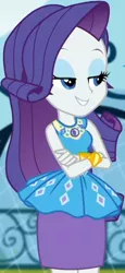 Size: 937x2045 | Tagged: safe, derpibooru import, screencap, rarity, equestria girls, equestria girls series, sock it to me, spoiler:eqg series (season 2), canterlot high, clothes, cropped, crossed arms, cute, dress, female, geode of shielding, gold, image, jewelry, jpeg, legs, lidded eyes, magical geodes, necklace, outdoors, raribetes, rarity peplum dress, skirt, sleeveless, smiling, soccer field, sock it to me: rarity, wrist cuffs