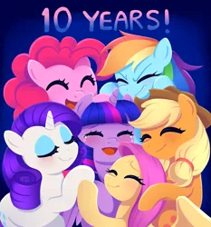 Size: 2800x3000 | Tagged: safe, artist:siggie740, derpibooru import, applejack, fluttershy, pinkie pie, rainbow dash, rarity, twilight sparkle, twilight sparkle (alicorn), alicorn, earth pony, pegasus, pony, unicorn, 10, crying, cute, eyes closed, female, happy birthday mlp:fim, high res, image, mane six, mare, mlp fim's tenth anniversary, open mouth, png, smiling, tears of joy